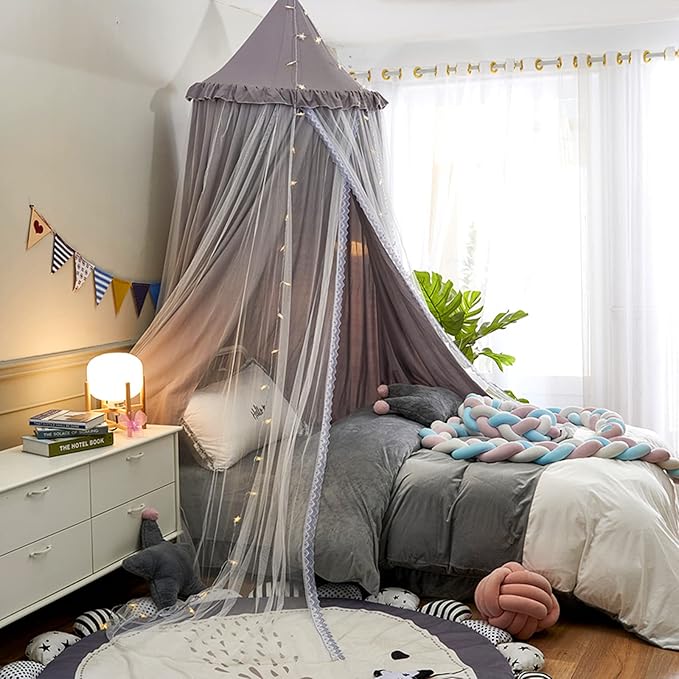 VETHIN Bed Canopy for Kids with Lights,Double Layer Princess Round Dome Children Dreamy Mosquito Net Bedding Girls Room Castle Play Tent Hanging House Decor Reading Nook Canopies(Gray/White)