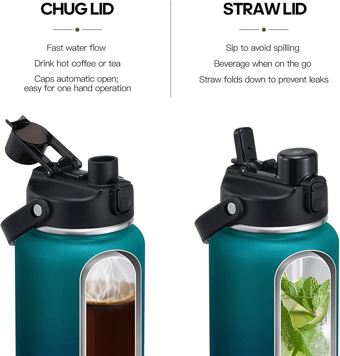 Half Gallon Insulated Water Bottle with 2-in-1 Lid (Chug Lid/Straw Lid), 40/64oz Double Walled Vacuum Stainless Steel Water Bottles, Water Jug with Straw