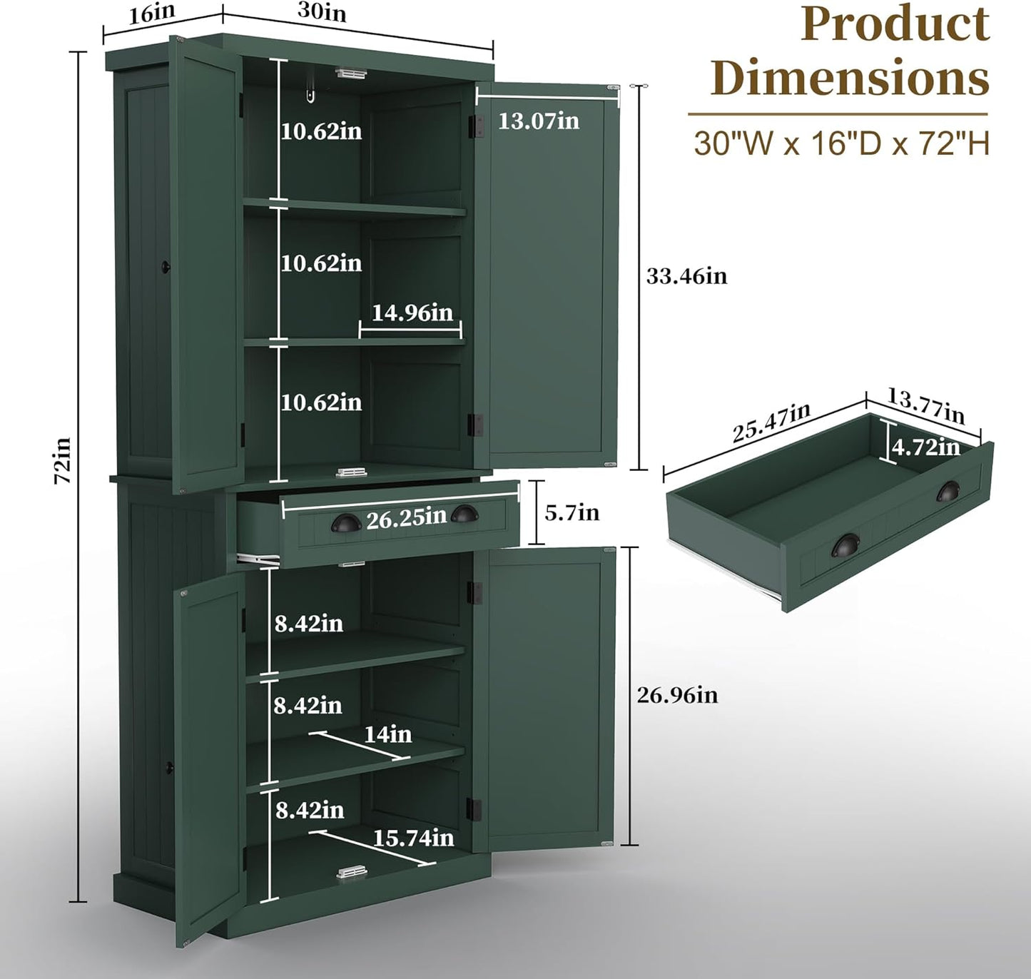ARTPOWER 72" Tall Kitchen Pantry Storage Cabinet with Drawer and Adjustable Shelves, Pantry Cabinet for Kitchen, Bathroom or Hallway, Green