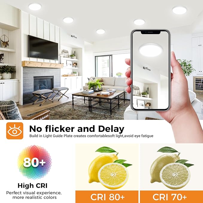 slochi LED Flush Mount Ceiling Light Fixtures, 3000K-4000K-6500K Modern Flat Recessed Ceiling Lamp, 12W 1200LM Round Ceiling Light for Kitchen Bedroom Hallway Porch, White, 1 Pack 6.5 Inch