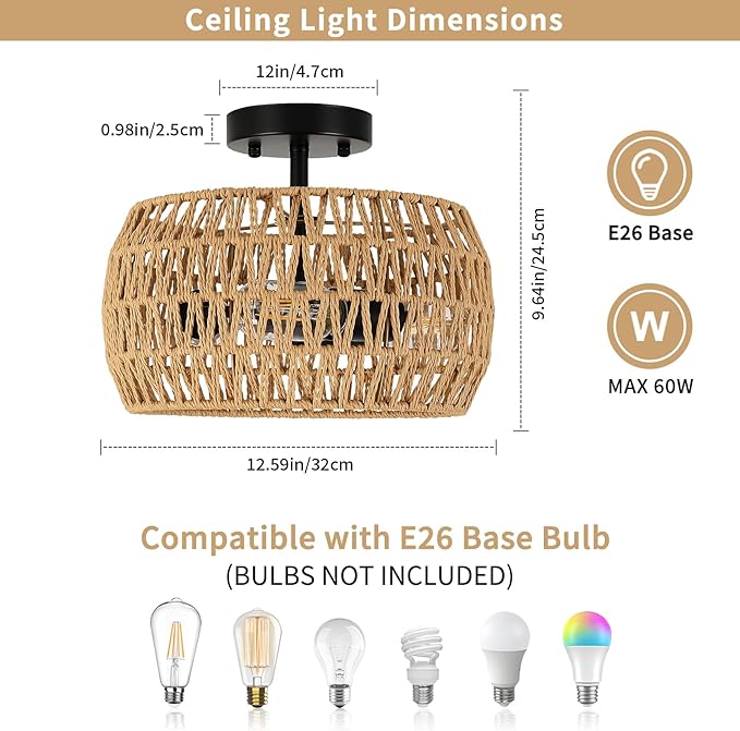 Boho Semi Flush Mount Ceiling Light - Rattan Light Fixture with Hand-Woven Shade, 3 Light Farmhouse Chandelier Coastal Wicker Light Fixtures for Kitchen Bedroom Foyer Nursery Entryway