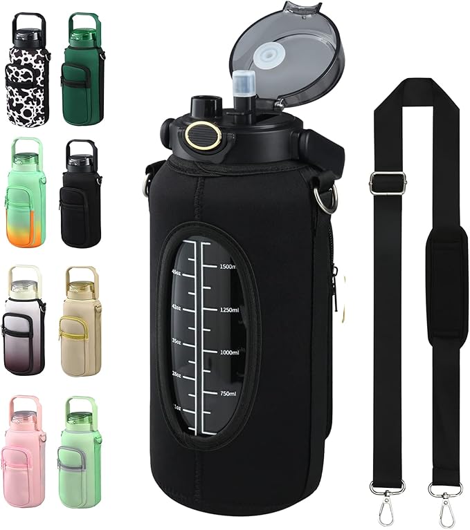 Half Gallon 64oz Glass Water Bottle with Straw and Storage Sleeve Motivational Water Bottle with Strap and Time to Drink 2L Leakproof Reusable Water Jug for Fitness Gym and Outdoors