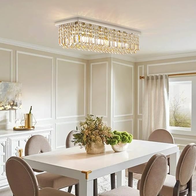 Siljoy Modern Crystal Chandelier 6-Lights Rectangular Flush Mount Pendant Ceiling Light Fixture Rectangle K9 Crystal Raindrop Chandelier for Dining Living Room Kitchen Island L31.5'' x W10'' x H10'