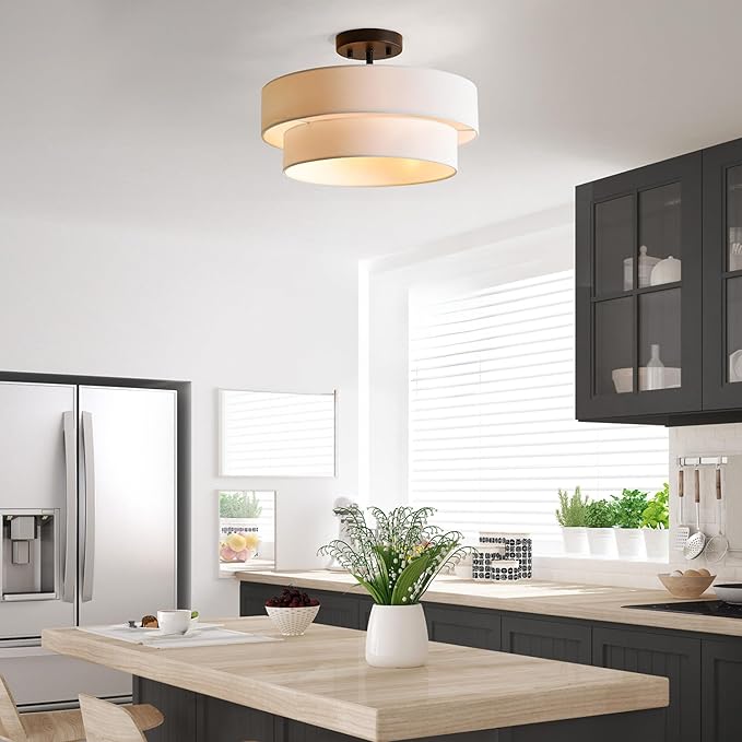 Globe Electric 66000138 2-Light Semi-Flush Mount Ceiling Light, Matte Black, 2-Tier, White Linen Shade, Home Improvement, Dining Room, Kitchen