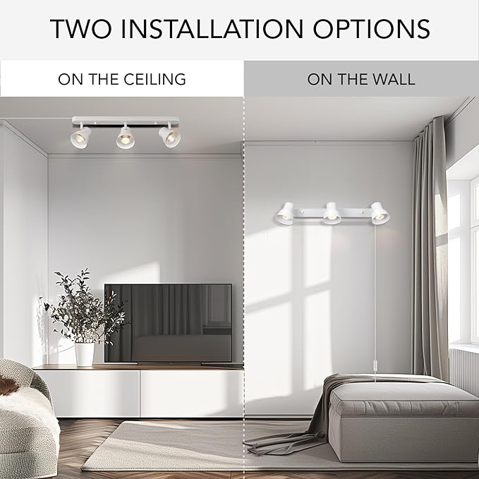 Globe Electric 64000116 22" 3-Light Plug-in Track Lighting, Matte White, Pivoting Track Heads, 15-Foot Cord, in-Line on/Off Rocker Switch