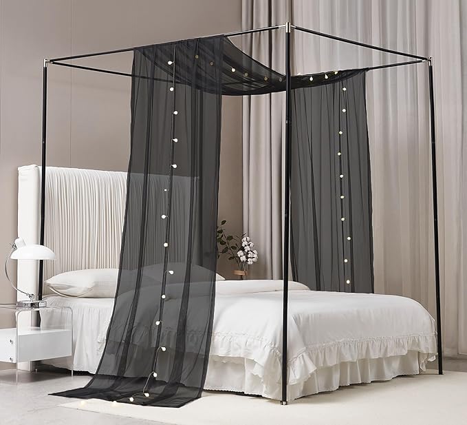 Akiky Canopy Bed Curtains with Light Princess Bed Canopy Scarf for Full/Queen Metal Bed Frame,Wood Frame Bed-2 Panel Sheer Curtain(Full/Queen,Black)