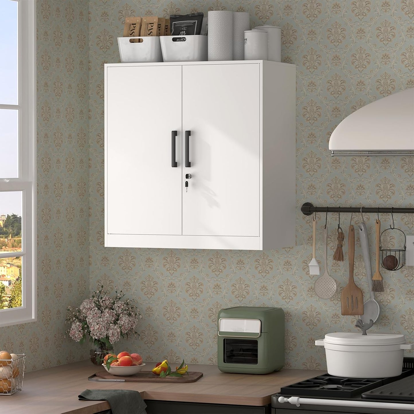 Wall Cabinet,Lockable Storage Cabinets with Adjustable Shelf,Locking Wall Storage Cabinet with Doors for Laundry Room,Home Office,White