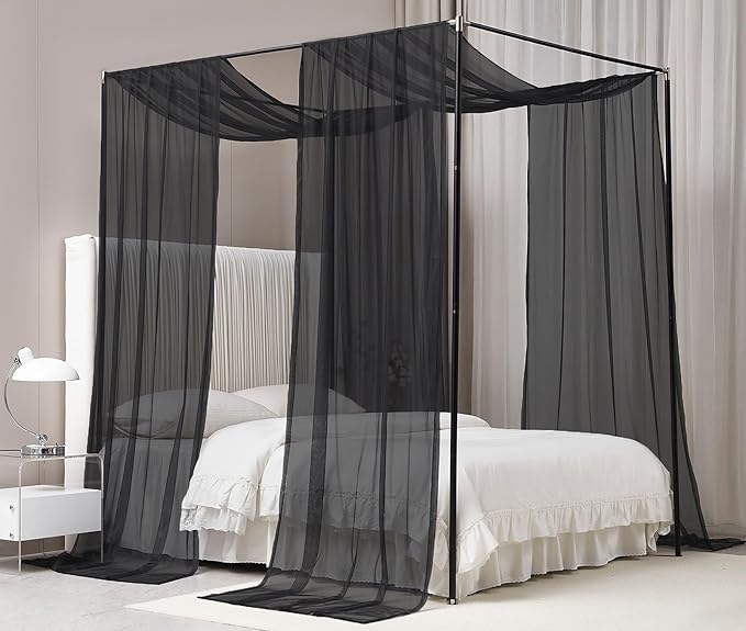 Akiky Canopy Bed Curtains with Light Princess Bed Canopy Scarf for Full/Queen Metal Bed Frame,Wood Frame Bed-2 Panel Sheer Curtain(Full/Queen,Black)