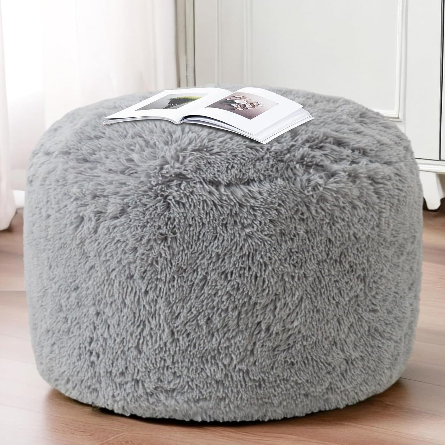 HIGOGOGO Round Stuffed Pouf Ottoman, Long Faux Fur Poufs with Foam Chunk Filling, Fluffy and Furry Pouf Foot Stool Storage Ottoman, 26 X 18 Floor Poufs Foot Rest for Living Room, Light Grey