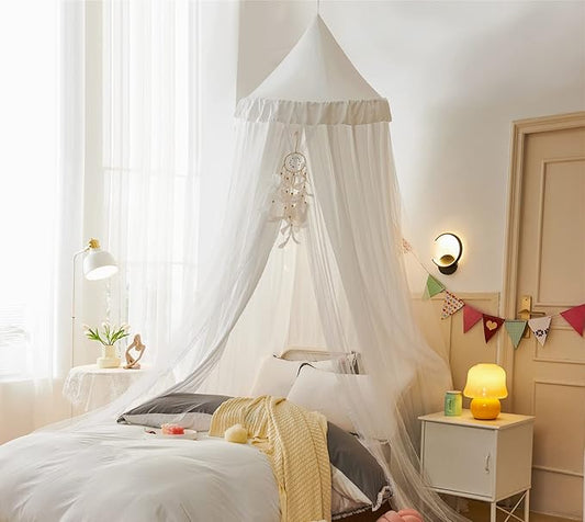VETHIN Bed Canopy for Kids with Lights,Double Layer Princess Round Dome Children Dreamy Mosquito Net Bedding Girls Room Castle Play Tent Hanging House Decor Reading Nook Canopies(White/White)