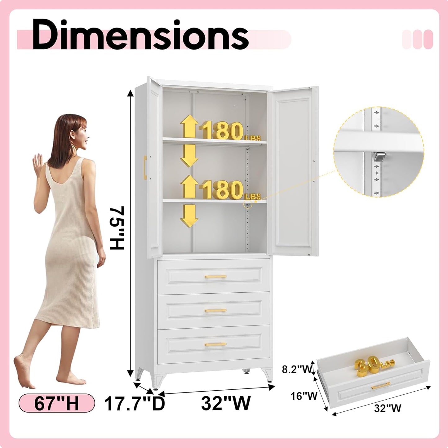 Pantry Kitchen Cabinet with Drawer, 75" Tall Pantry Storage Cabinet, Metal Storage Cabinets with Doors and Shelves, Large Freestanding Cupboard for Dining Room, Assembly Required, White