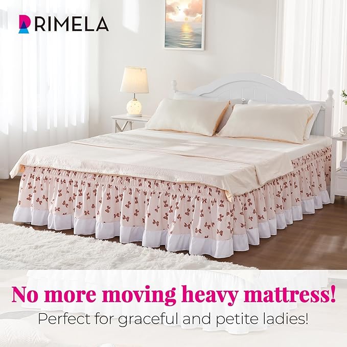 RIMELA Light Pink Elastic Bed Skirt Queen Szie 14 inch Drop, Bedskirt Easy to Put On, Solid Wrap Around Dust Ruffle, Fade Resistant Silky Fabric Machine Washable