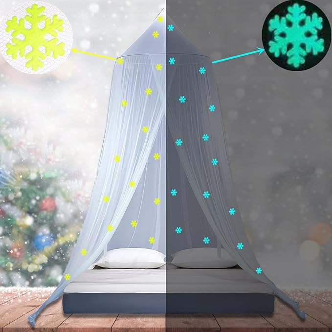 Eimilaly Princess Bed Canopy Glow in The Dark, Christmas Snowflakes Bed Canopy for Girls Room Decor, Encrypted Fabric, Blue
