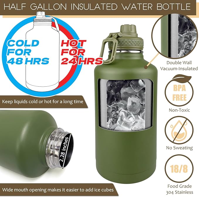 Half Gallon Water Bottle with Sleeve - 64 Oz Insulated Water Jug with Handle - Green Stainless Steel Sports Water Bottle for Gym Workout Hiking Tactical Bottle Holder with Pouch Camo