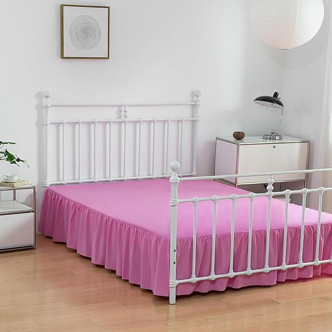 Bed Skirt Queen Size Ruffled Bed Skirt with Split Corners, 14 Inch Drop Dust Ruffle Bed Skirt with Platform, 14 Inch Drop, Pink