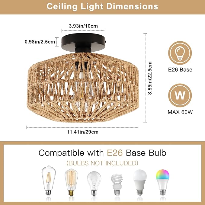 Boho Light Fixtures Ceiling Mount, Mini Boho Rattan Chandelier, Woven Flush Mount Ceiling Light Fixture for Hallway Bedroom Kitchen Entryway Living Room Nursery
