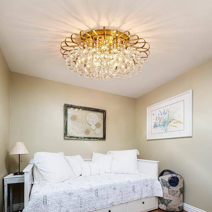 CVKASH 4-Lights Crystal Chandelier Modern Semi Flush Mount Ceiling Light Fixture Ceiling Lighting for Living Room Hallway Dining Room Kitchen Bedroom (Gold)