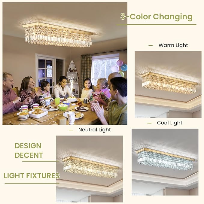 Siljoy Modern Crystal Ceiling Light Luxury Gold Rectangular Flush Mount Crystal Raindrop Chandelier 10 Lights Large Rectangle Pendant Light for Living Dining Room Kitchen Island L47'' x W10'' x H10''
