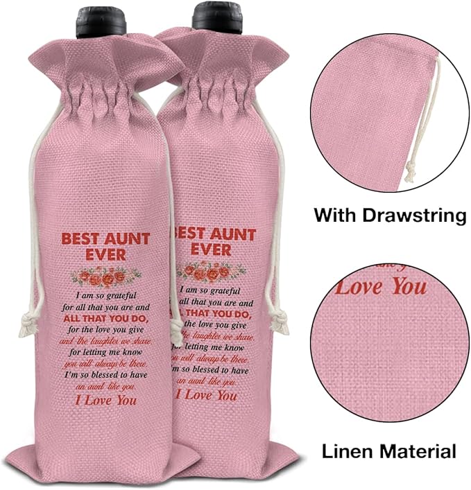 HOIJAUMAI Auntie Gift Best Auntie Ever Gift Best Auntie Wine Bag Best Auntie Ever Wine Gift Bags for Birthday Mother's Day (Pink)