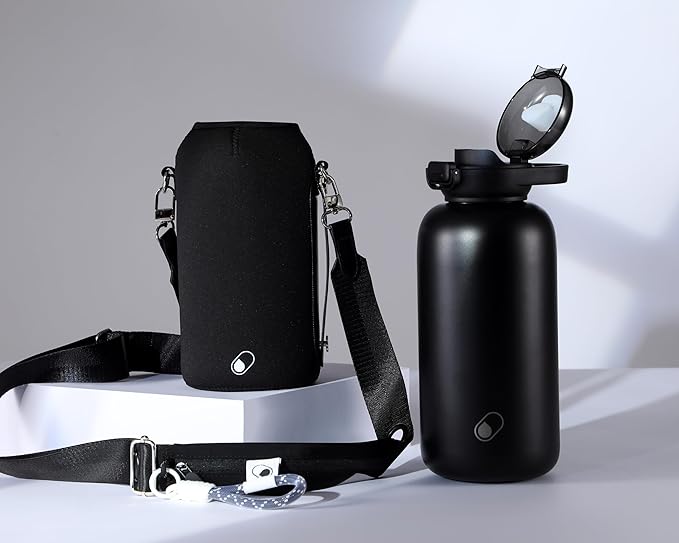 H2O Capsule Half Gallon Insulated Water Bottle With Straw - Stainless Steel Thermos Water Bottle With Sipping/Chugging Lid & Shoulder Strap For Storage - 64 oz Vacuum Flask, Keeps Hot Cold (Black)