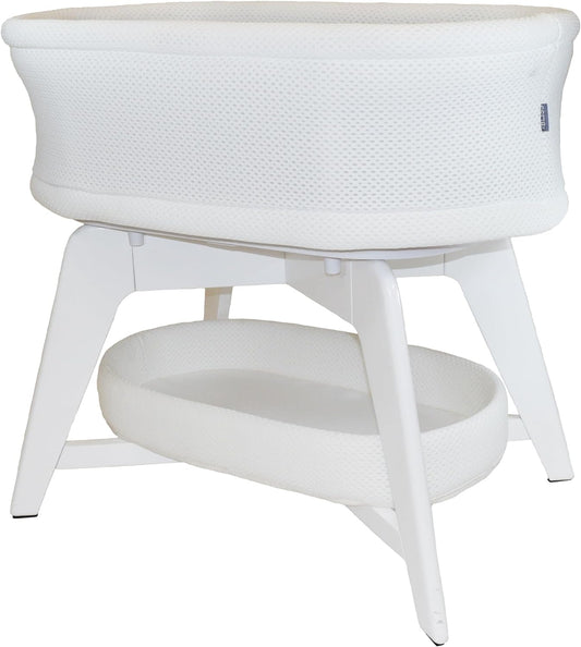 Evi Smart Baby Bassinet Beside Sleeper with Auto-Glide, Ambient Nightlight & Sensory Sounds, Compatible with Alexa and Google Home, Includes 2 Sheets (White W/White Legs)