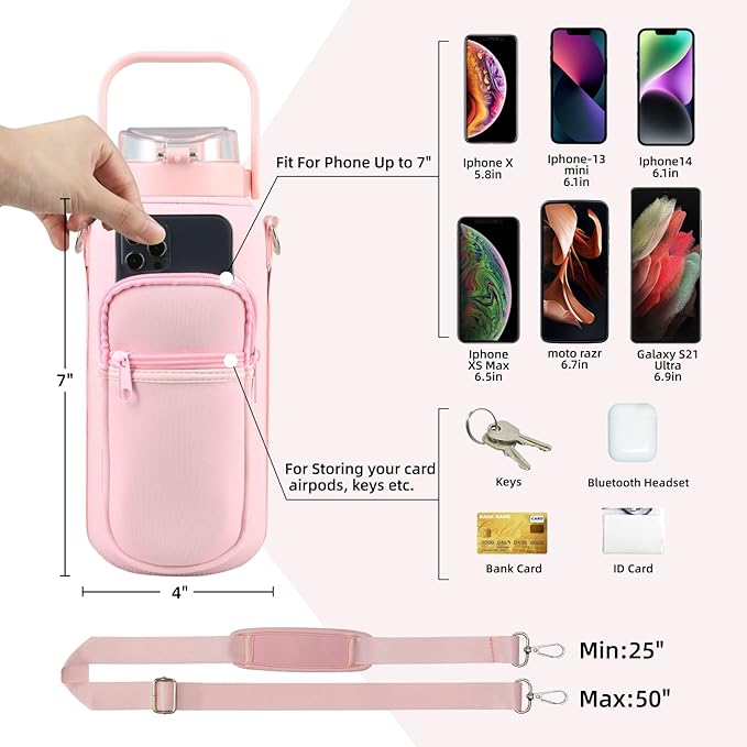 Half Gallon 64oz Glass Water Bottle with Straw and Storage Sleeve Motivational Water Bottle with Strap and Time to Drink 2L Leakproof Reusable Water Jug for Fitness Gym and Outdoors