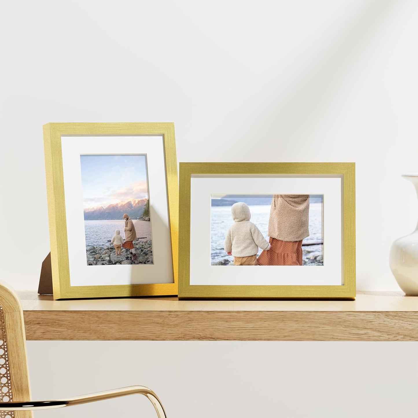 Vittanly 6x8 Picture Frames Set of 9, Shatter Resistant Plexiglass, Display 4x6 Pictures with Mat or 6x8 without Mat, Photo Frames for Wall or Tabletop, Engineered Wood, Gold