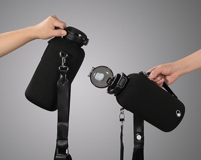 H2O Capsule Half Gallon Insulated Water Bottle With Straw - Stainless Steel Thermos Water Bottle With Sipping/Chugging Lid & Shoulder Strap For Storage - 64 oz Vacuum Flask, Keeps Hot Cold (Black)