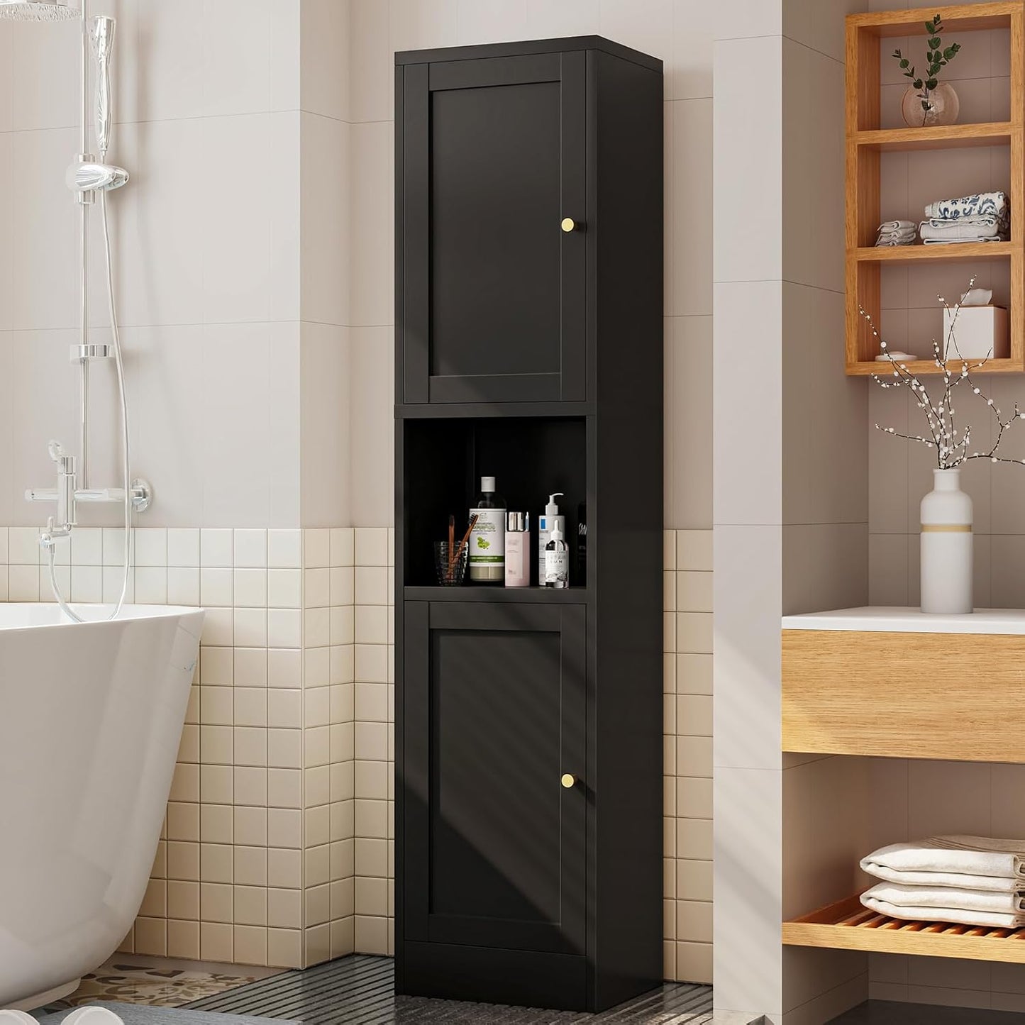 67" Tall Bathroom Storage Cabinet, Narrow Metal Floor Cabinet with 2 Doors and Adjustable Shelves, Freestanding Metal Locker for Laundry, Kitchen, Dining Room