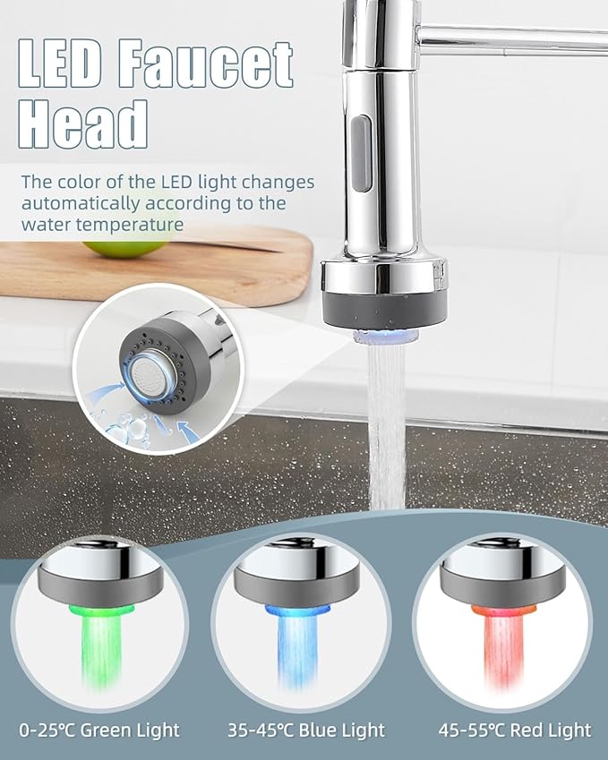 Kitchen Faucet with LED Light, Chrome Faucet with Soap Dispenser, Faucet for Kitchen Sink, Single Handle Stainless Steel Kitchen Sink Faucets with Pull Down Sprayer, Camper Farmhouse RV Sink Faucet