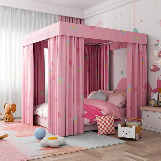 Hvqic Pink Canopy Bed Curtains - 4 Corner Post Bed Curtains Lightproof Princess Bed Canopy for Girls Rainbow Canopy Bed Curtains for Kids Room Decor(King,Pink-Cloud)