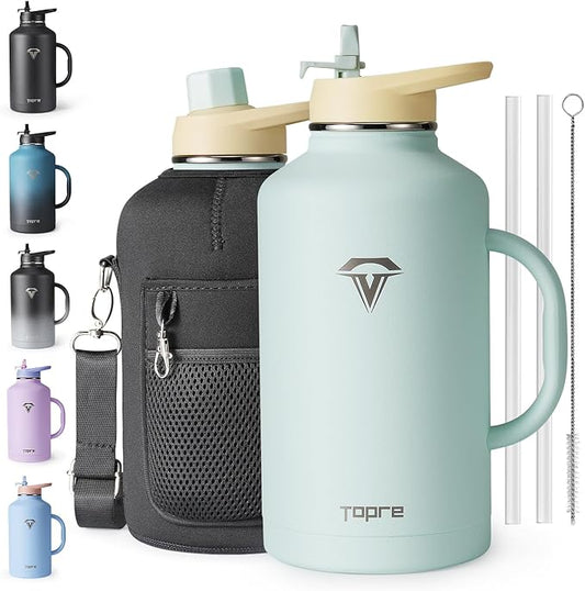 Half Gallon Water Bottle with Handle and Carry Pouch,64 oz Stainless Steel Insulated Jug Flask with Straw Lid Spout Lid,Reusable Metal Water Bottle Mug Tumbler Cup,Keep Cold & Hot,Green