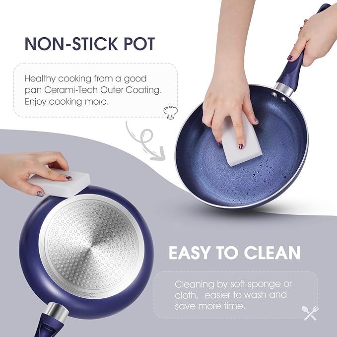Clockitchen Non Stick Pots and Pan Set, Ceramic Cookware Set with Stay-Cool Handles, 10pcs Blue Induction Cooking Set Suitable for Gas, PFOA Free