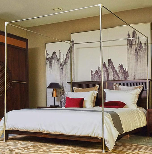 Mengersi Canopy Bed Frame Post Poles King Size Stainless Steel 4 Corner Canopy Bed Curtains Frame Bracket Fit for Metal and Wood Bed