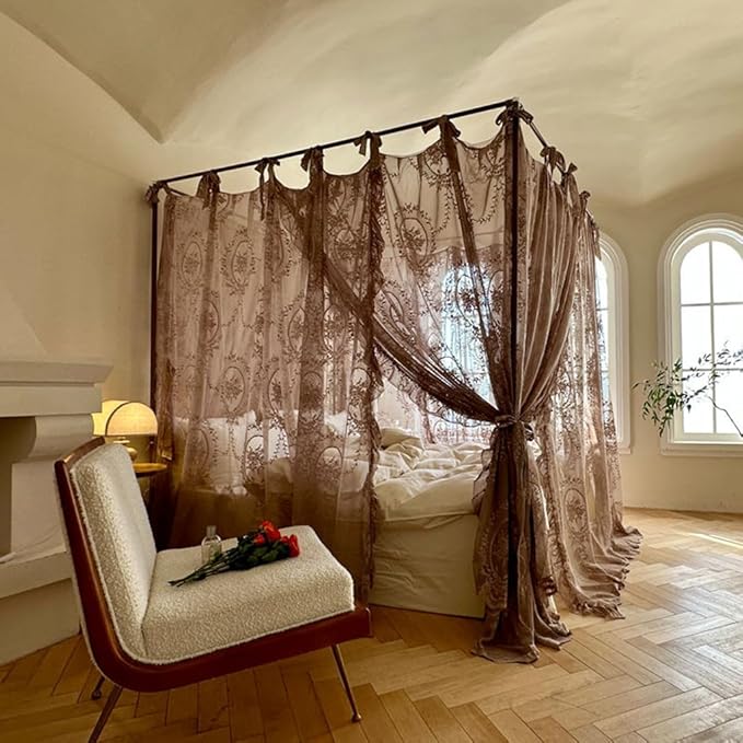 Elegant Lace Princess 4 Corner Post Mosquito Net Romantic for Girls Women Bed Curtain Canopy for Adult Wedding Bedroom Kids Rooms Decoration (Coffee, Full)