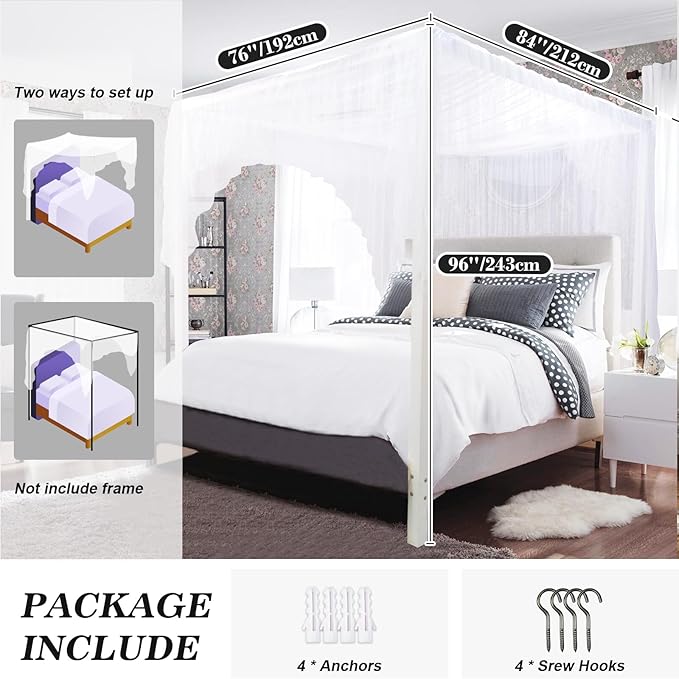South to East White Canopy Bed Curtains, 4 Corner Post Bed Canopy, Top Elegant Bed Drapes for Bedroom Decor, 75D Polyester Mesh, Easy Install, Bed Curtain for King/Queen/Full Size