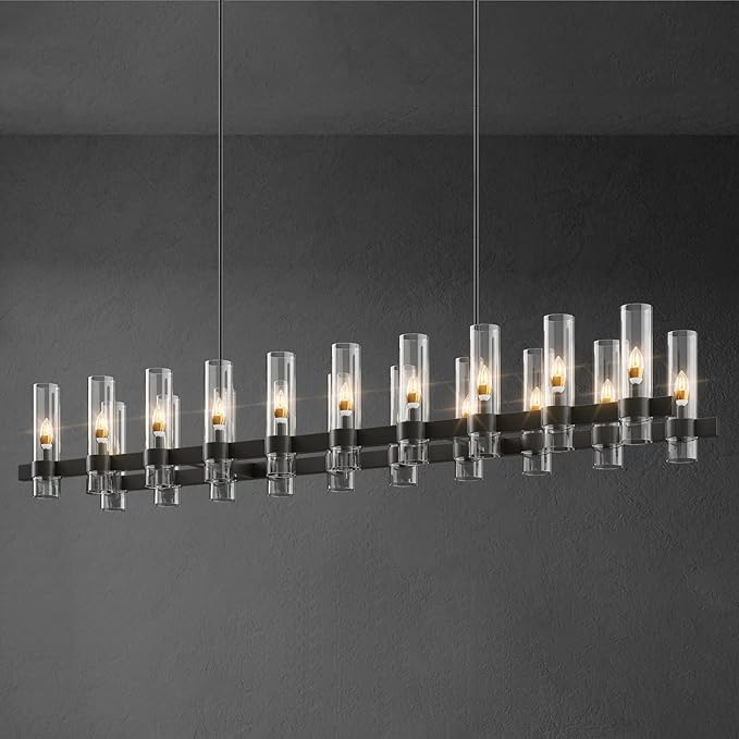 Black Kitchen Island Lighting-20-Light Linear Chandelier, Adjustable 67.7'' Modern Farmhouse Rectangle Pendant Light Fixtures, Dining Room, Bedroom