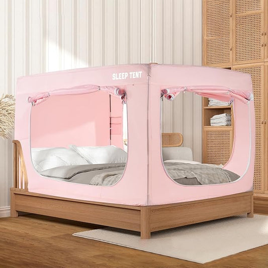 BORNA Bed Tent Full Bed Canopy for Indoor Portable Light Reducing Sleeping Canopy for Kids and Adult,Bunk Blackout Tents Breathable Privacy Space Tent Mosquito Netting for Bed(Macaron Pink)