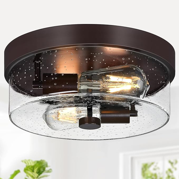 Flush Mount Ceiling Light Fixtures, 2-Light 12 Inch Brown Close to Ceiling Light Fixtures with Seeded Glass Shade Light Fixtures Ceiling Mount for Porch, Hallway, Bathroom, Dining Room and Foyer
