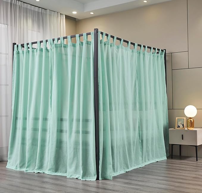 Mengersi Linen Canopy Bed Curtains for Twin,Full,Queen and King Size Bed,Bed Canopy Natural Blended Curtain Panels, 8 Panels Set (All Bed Sizes, Sea Mist)
