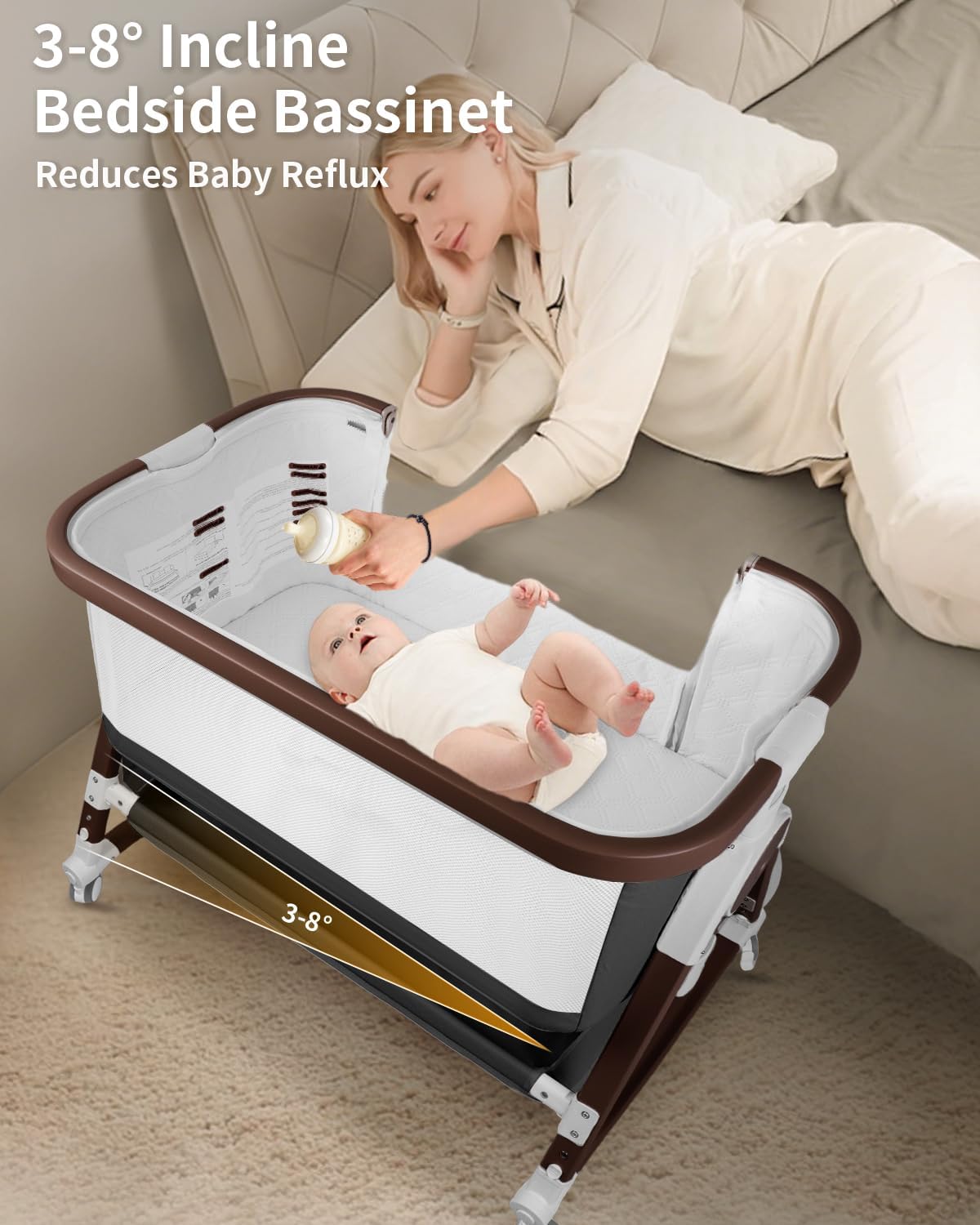 4 in 1 Baby Bassinet, Bassinets Bedside Sleeper with Wheels and Storage Basket, Adjustable 7 Heights Bedside Sleeper with Mosquito Net, Breathable Mesh Rocking Bassinet for Baby