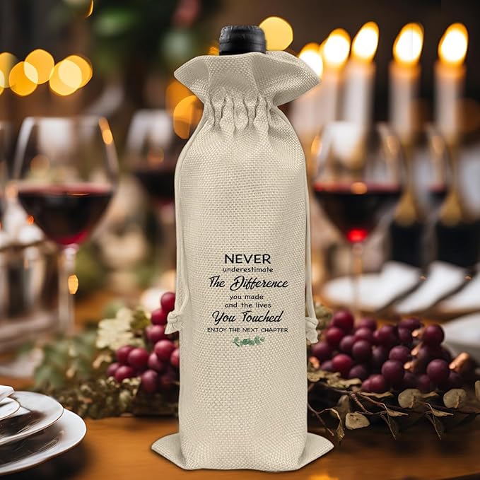 HOIJAUMAI Goodbye Gift for Coworkers, Retirement Gift Wine Bag, Retired Gifts for Men Women, Going Away Goodbye Farewell Gifts for Coworker Friends, Enjoy The Next Chapter Burlap Drawstring Wine Bag