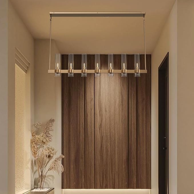 Brass Kitchen Island Lighting- 7-Light Linear Chandelier, Adjustable 47'' Modern Farmhouse Rectangle Pendant Light Fixtures, Dining Room, Bedroom