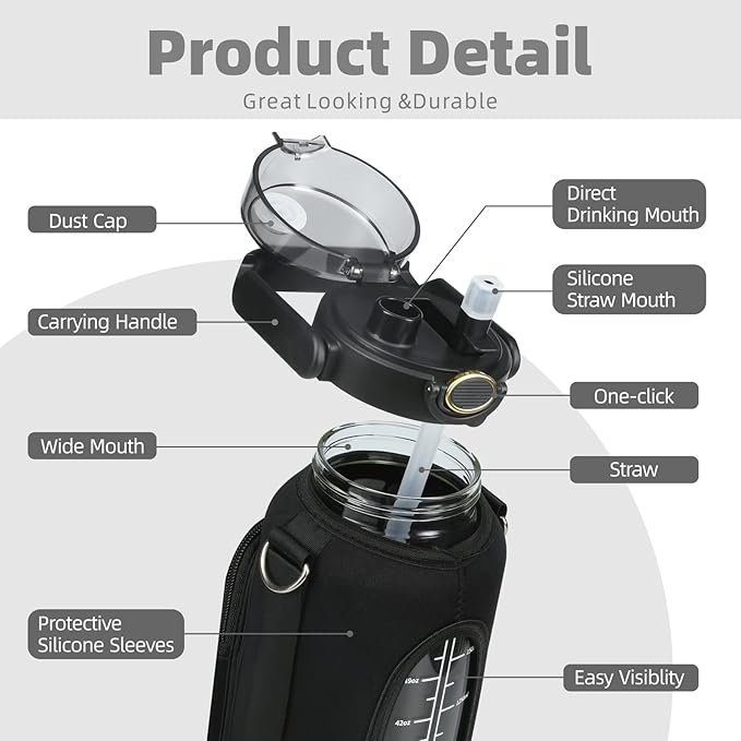 Half Gallon 64oz Glass Water Bottle with Straw and Storage Sleeve Motivational Water Bottle with Strap and Time to Drink 2L Leakproof Reusable Water Jug for Fitness Gym and Outdoors