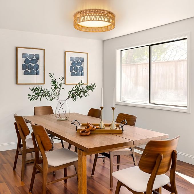 SineRise 12" Flush Mount Ceiling Light,25W LED Rattan Ceiling Light Fixture,Dimmable Handmade Boho Light Fixtures with Rattan,Farmhouse Lighting Fixtures Ceiling for Hallway Kitchen Bedroom(Gold)