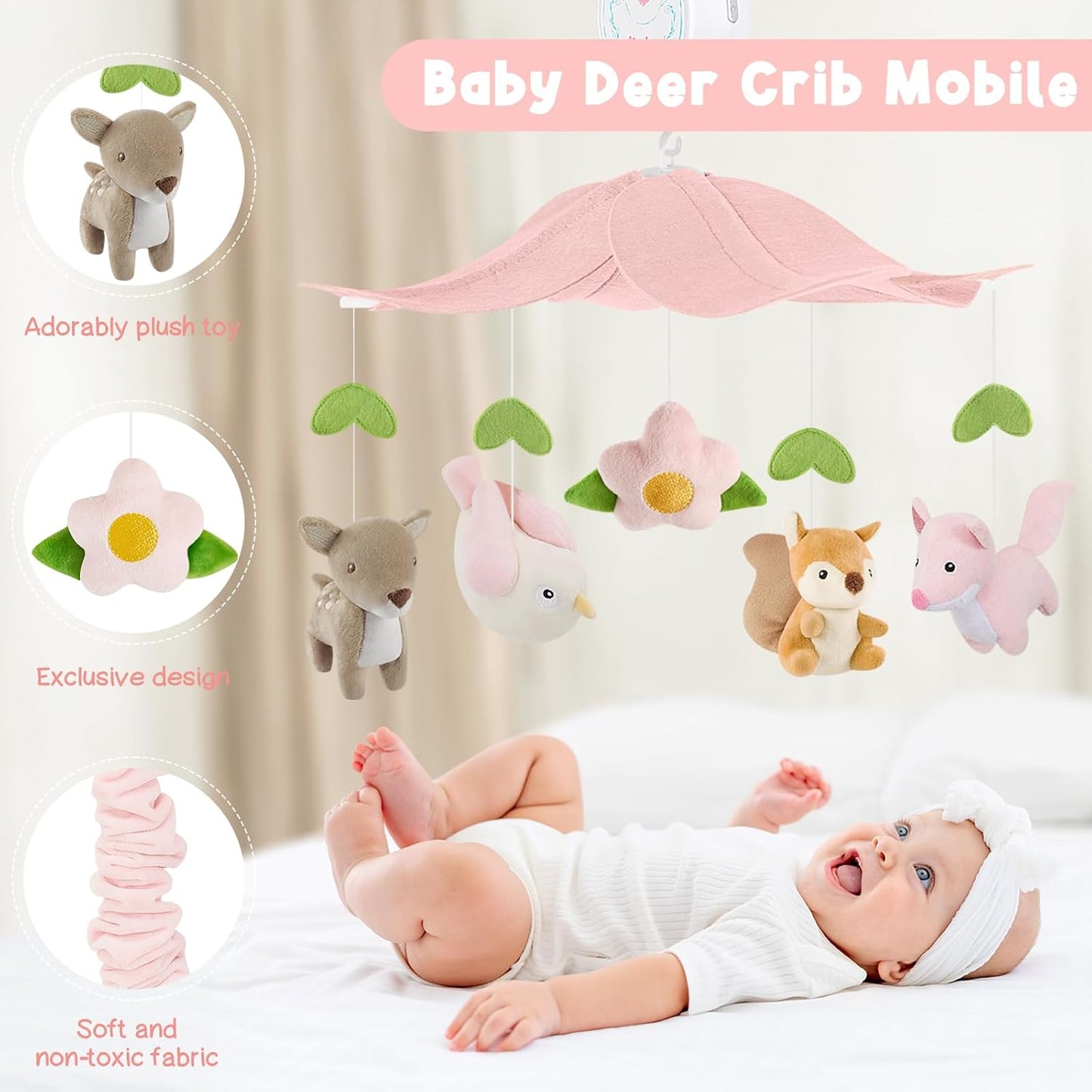 Woodland Crib Mobile for Girls – Cute Animals Baby Mobile for Crib with Upgraded 3-Mode Music Box, Pink Nursery Mobiles, Fits Standard Cribs, Forest Nursery Decor