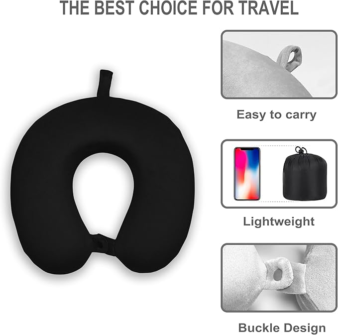 Neck Pillow for Airplane Travel, 100% Pure Memory Foam Travel Neck Pillow for Sleeping & Travel Essentials for Neck Rest, Black, Pack with Box