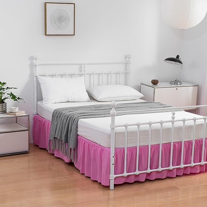 Bed Skirt Full Size Ruffled Bed Skirts with Split Corners, 14 Inch Drop Dust Ruffle Bed Skirt with Platform, 14 Inch Drop, Pink