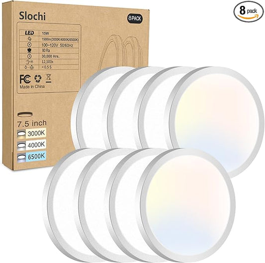 8PACK LED Flush Mount Ceiling Light Fixture, 3000K-4000K-6500K & 100W Equivalent Modern Kitchen Recessed Ceiling Lamp 15W 1500Lm 7.5 Inch Closet Round Surface for Bathroom Laundry Bedroom Hallway