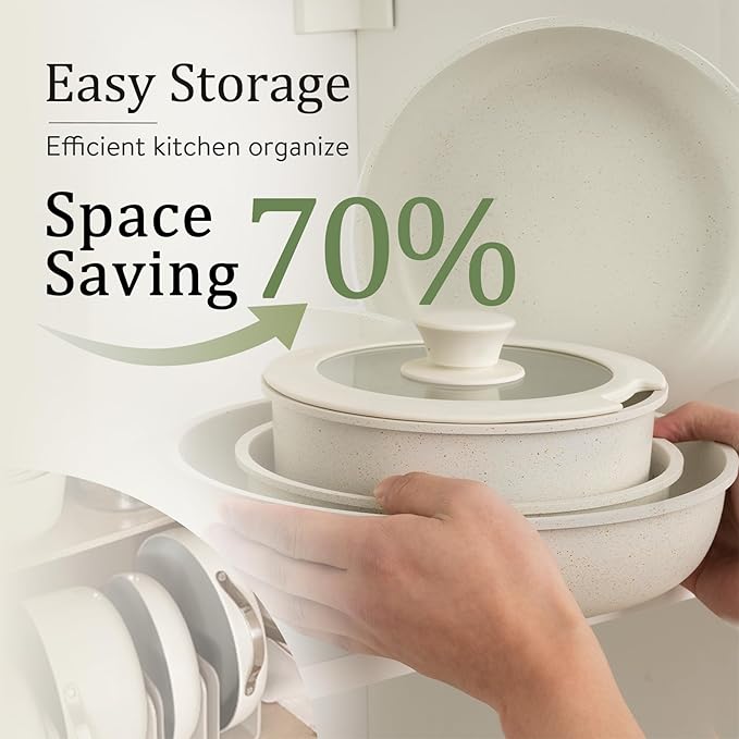 CAROTE 24pcs Detachable Handle Pots and Pan Set, Nonstick Induction Cookware, Removable Handle, RV Oven Safe Cookware, Kitchen Cookware Set Non Stick, Cream White